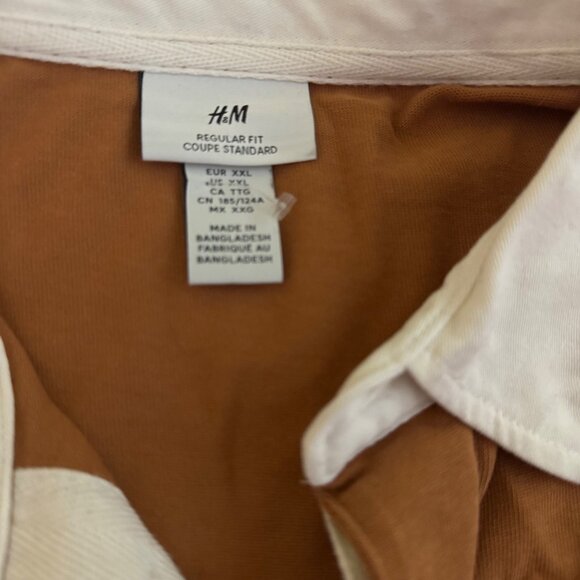 H&M Mens Regular Fit Rugby Shirt XXL Brown & White Long Sleeve Collared Top - Picture 6 of 13